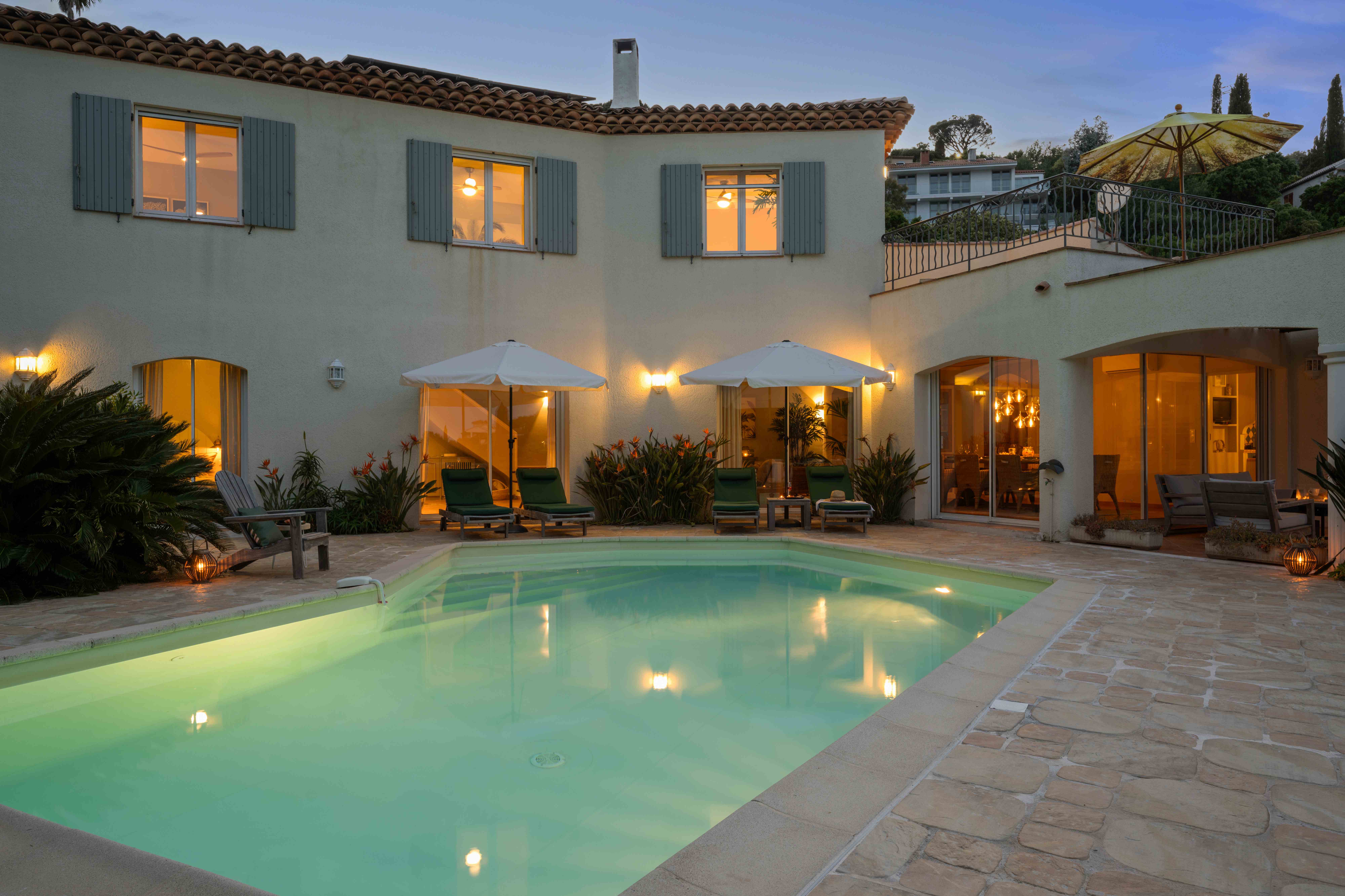 Illuminated pool at dusk